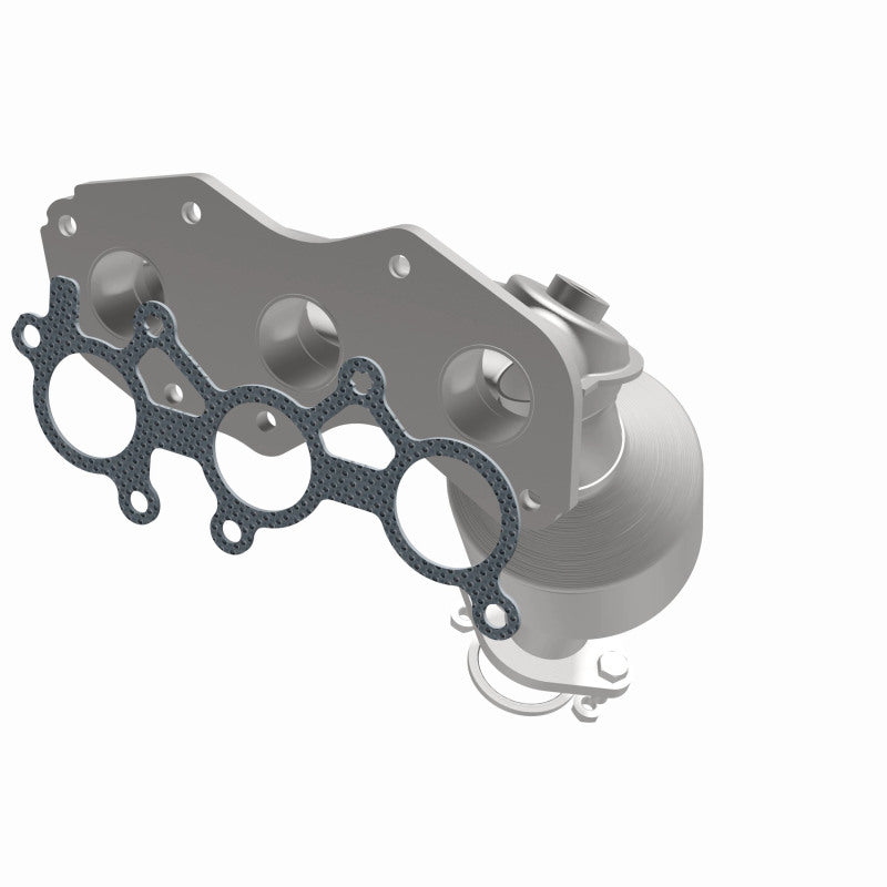 MagnaFlow 49693 oem grade manifold converter, opposite front three-quarter view of the turntable spin