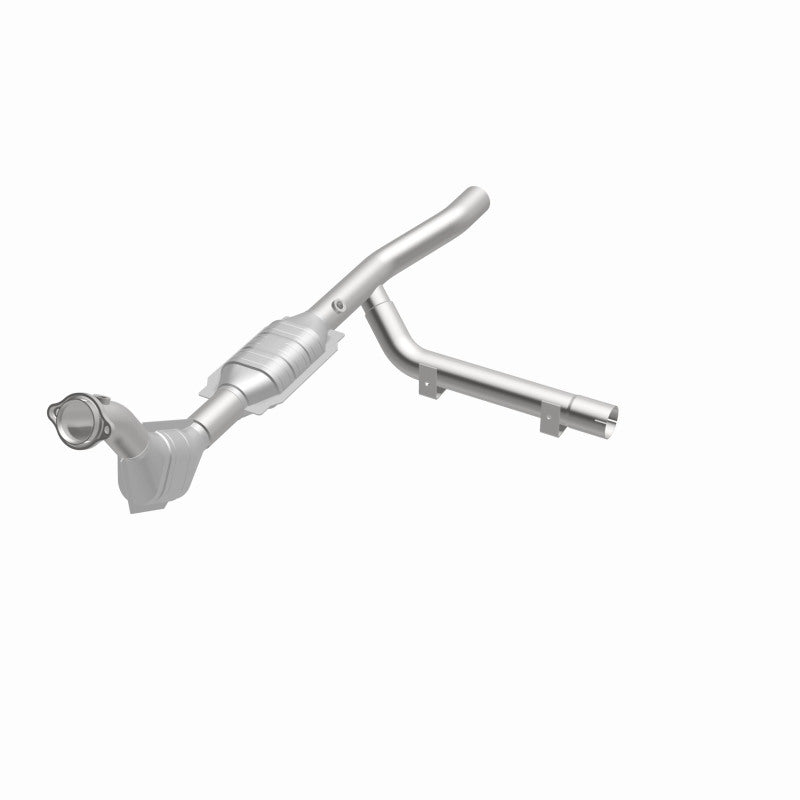 MagnaFlow 93130 hm grade direct-fit catalytic converter, opposite front three-quarter view of the turntable spin