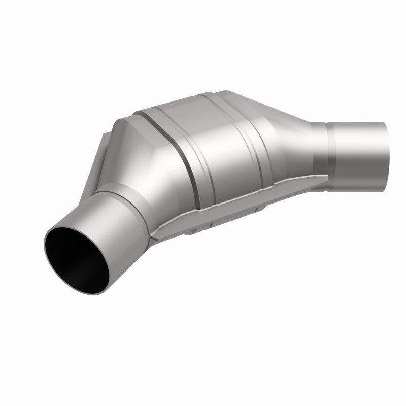 MagnaFlow 454184 universal catalytic converter, front three-quarter view of the turntable spin