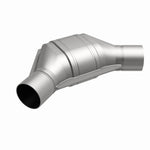 MagnaFlow 454184 universal catalytic converter, front three-quarter view of the turntable spin