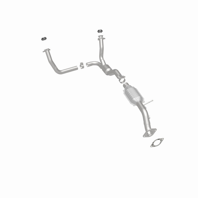 MagnaFlow 458010 carb direct-fit catalytic converter, rear three-quarter view of the turntable spin