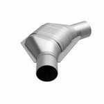 MagnaFlow 454184 universal catalytic converter, opposite front three-quarter view of the turntable spin