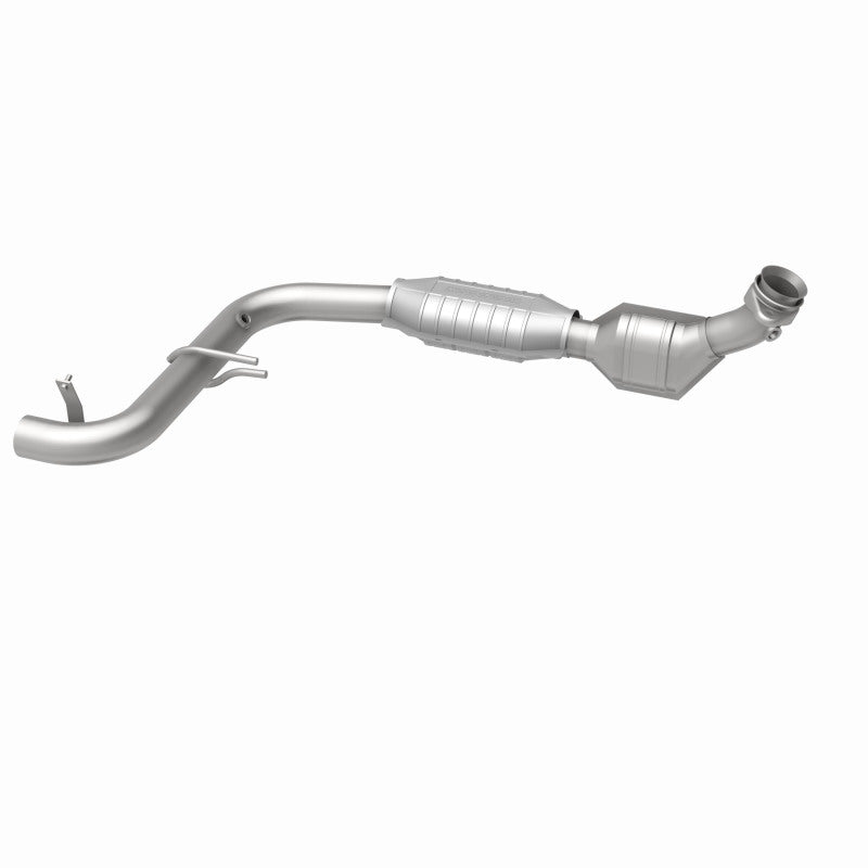 MagnaFlow 447151 carb direct-fit catalytic converter, opposite rear three-quarter view of the turntable spin