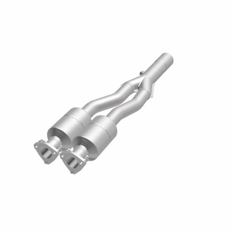 MagnaFlow 4481010 carb direct-fit catalytic converter, opposite front three-quarter view of the turntable spin