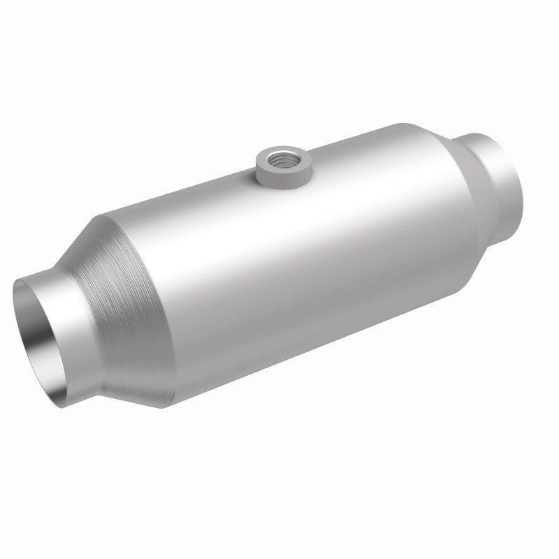 MagnaFlow 5551356 universal catalytic converter, front three-quarter view of the turntable spin