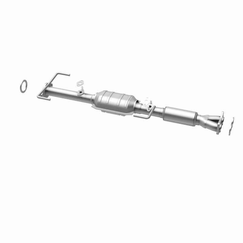 MagnaFlow 447186 carb direct-fit catalytic converter, opposite rear three-quarter view of the turntable spin