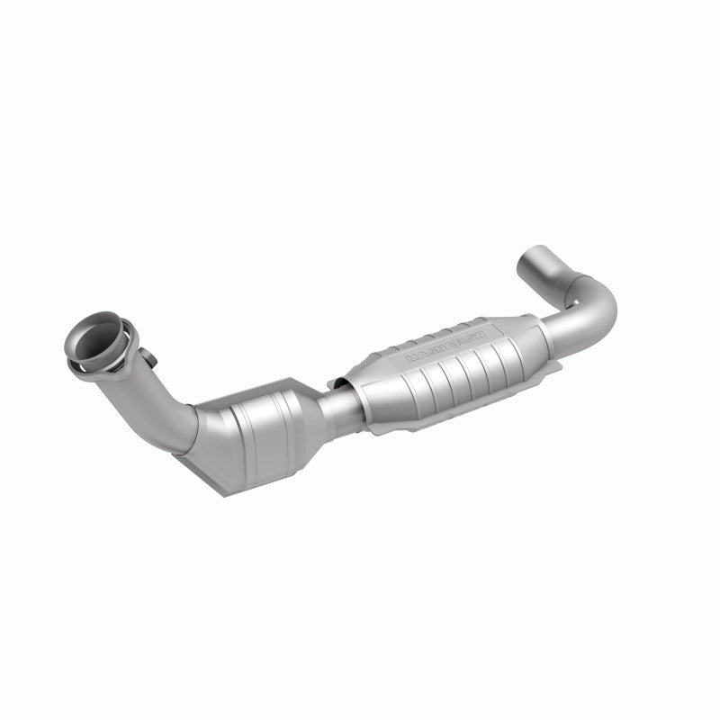 MagnaFlow 93129 hm grade direct-fit catalytic converter, front three-quarter view of the turntable spin