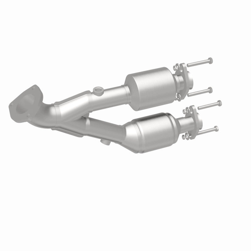 MagnaFlow 447190 carb direct-fit catalytic converter, rear three-quarter view of the turntable spin