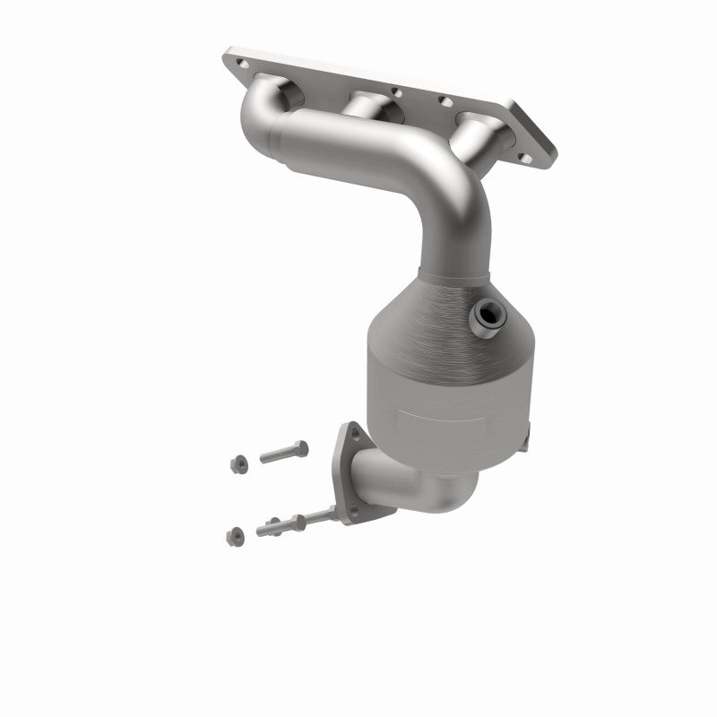 MagnaFlow 49312 oem grade manifold converter, opposite front three-quarter view of the turntable spin