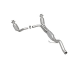 MagnaFlow 447248 carb direct-fit catalytic converter, rear three-quarter view of the turntable spin