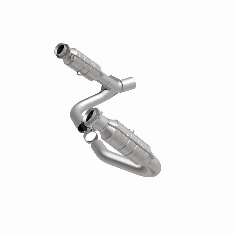 MagnaFlow 49638 oem grade direct-fit catalytic converter, front three-quarter view of the turntable spin