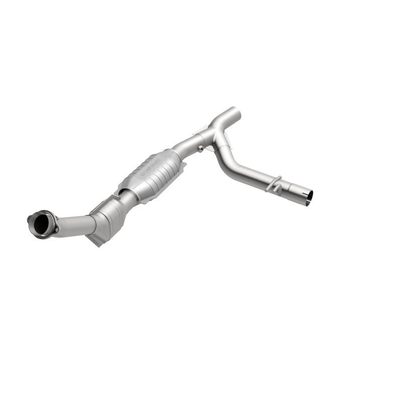 MagnaFlow 447116 carb direct-fit catalytic converter, opposite front three-quarter view of the turntable spin