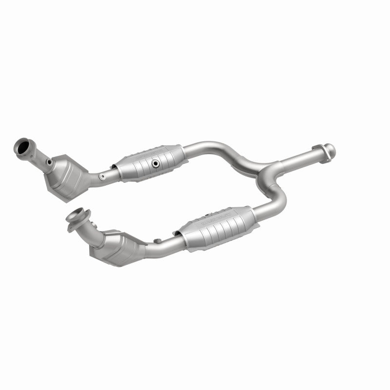 MagnaFlow 93345 hm grade direct-fit catalytic converter, front three-quarter view of the turntable spin