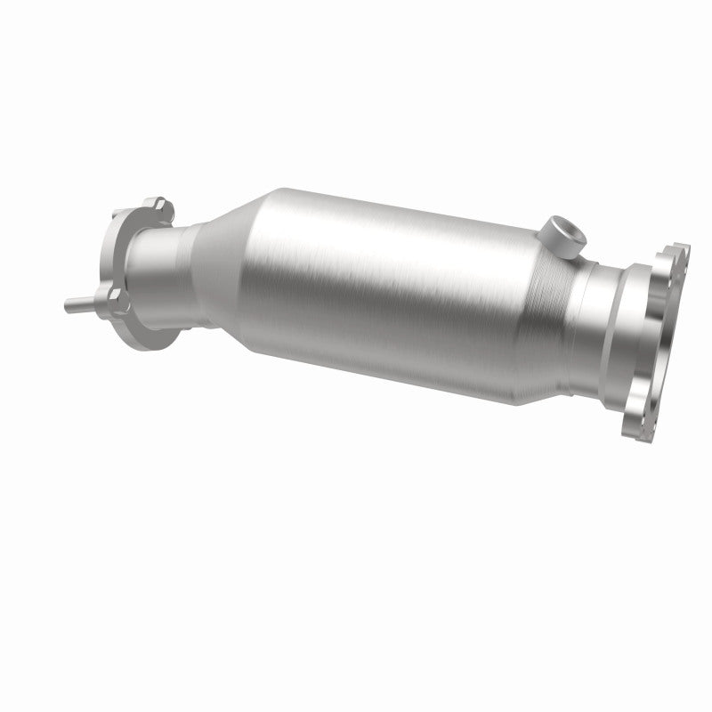 MagnaFlow 5561292 carb direct-fit catalytic converter, opposite rear three-quarter view of the turntable spin