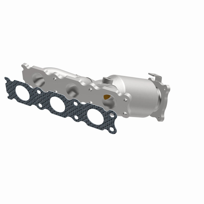 MagnaFlow 52168 oem grade manifold converter, opposite front three-quarter view of the turntable spin