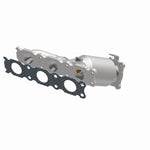 MagnaFlow 52168 oem grade manifold converter, opposite front three-quarter view of the turntable spin