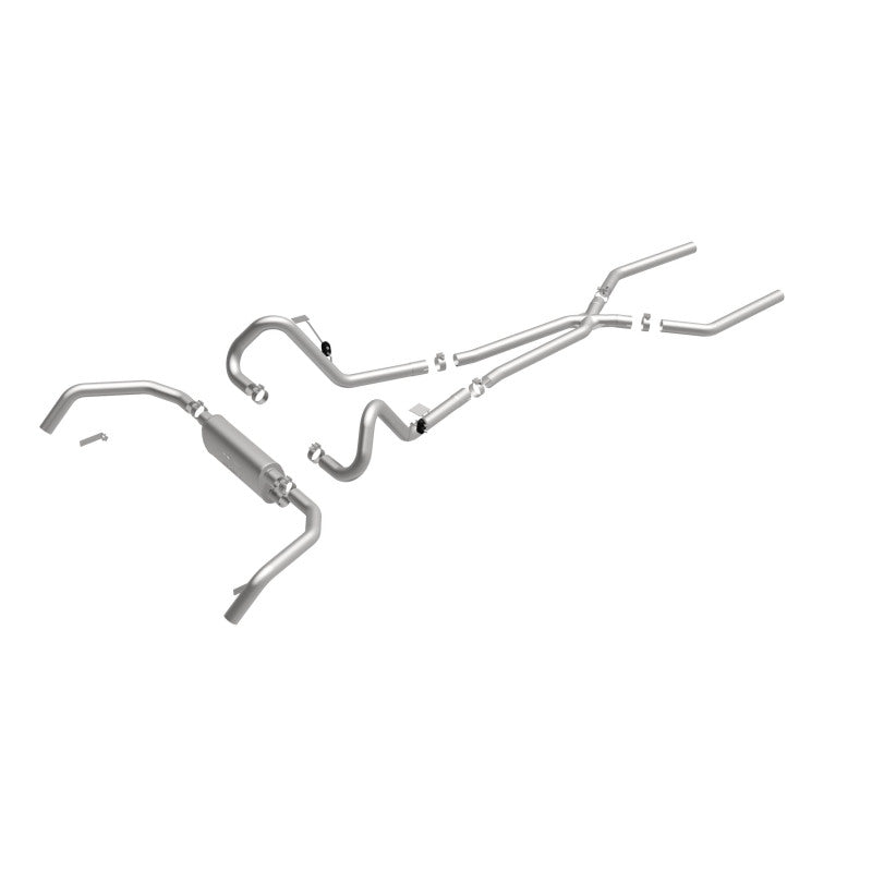 MagnaFlow 15895 street series cat-back exhaust, front three-quarter view of the turntable spin