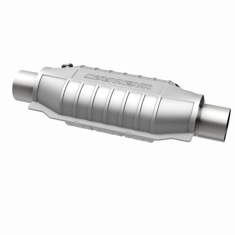 MagnaFlow 441064 universal catalytic converter, opposite rear three-quarter view of the turntable spin