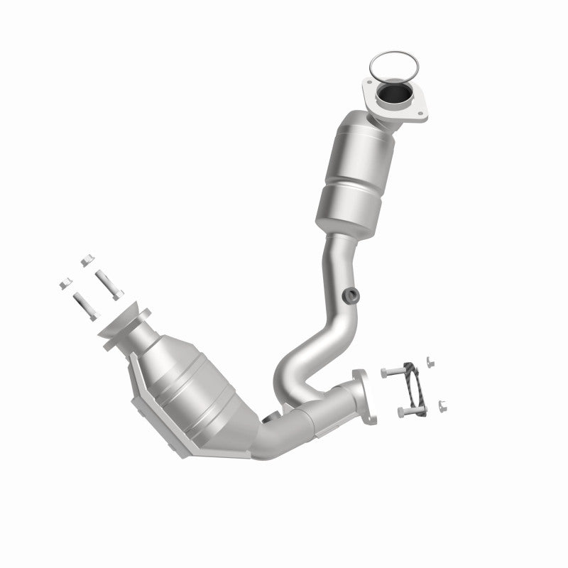 MagnaFlow 25208 hm grade direct-fit catalytic converter, front three-quarter view of the turntable spin