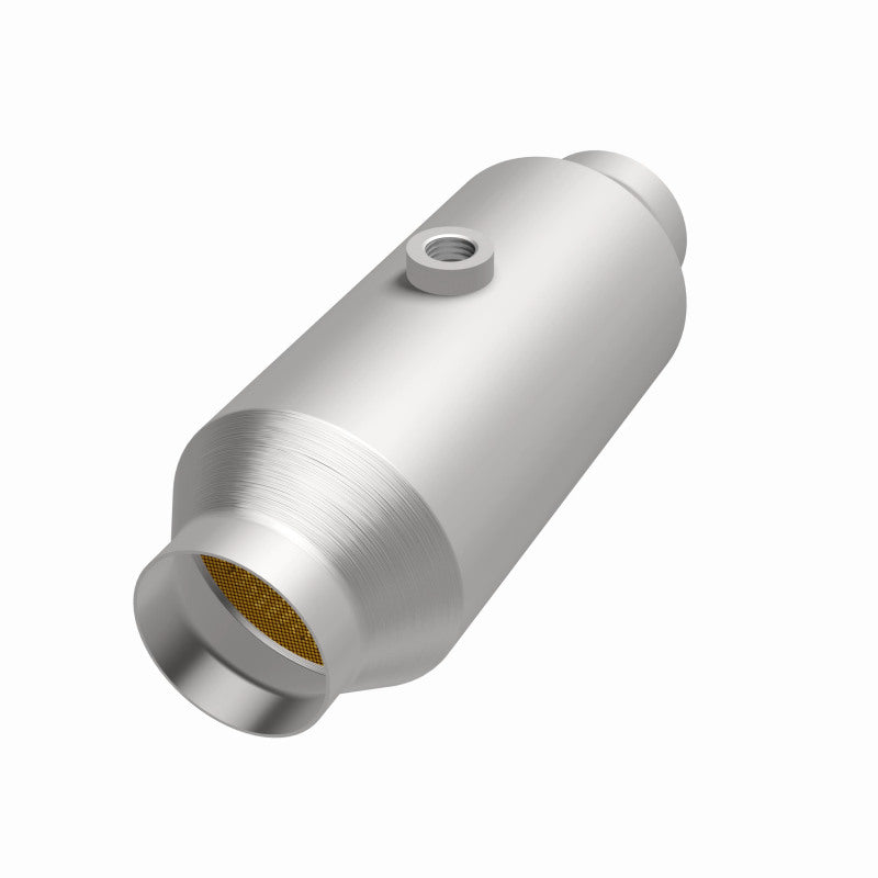 MagnaFlow 5551356 universal catalytic converter, opposite front three-quarter view of the turntable spin