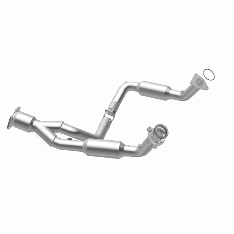 MagnaFlow 5451650 carb direct-fit catalytic converter, opposite rear three-quarter view of the turntable spin
