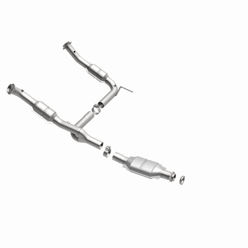 MagnaFlow 93108 hm grade direct-fit catalytic converter, opposite front three-quarter view of the turntable spin