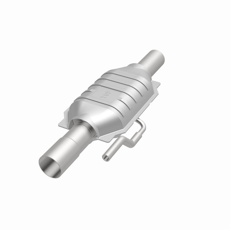MagnaFlow 95220 hm grade direct-fit catalytic converter, opposite front three-quarter view of the turntable spin