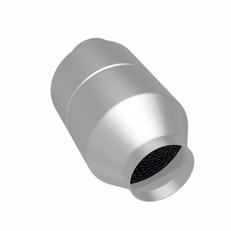 MagnaFlow 60121 universal catalytic converter, rear three-quarter view of the turntable spin