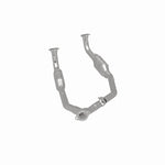 MagnaFlow 4551028 carb direct-fit catalytic converter, rear three-quarter view of the turntable spin