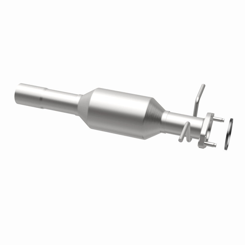 MagnaFlow 5571196 carb direct-fit catalytic converter, opposite rear three-quarter view of the turntable spin