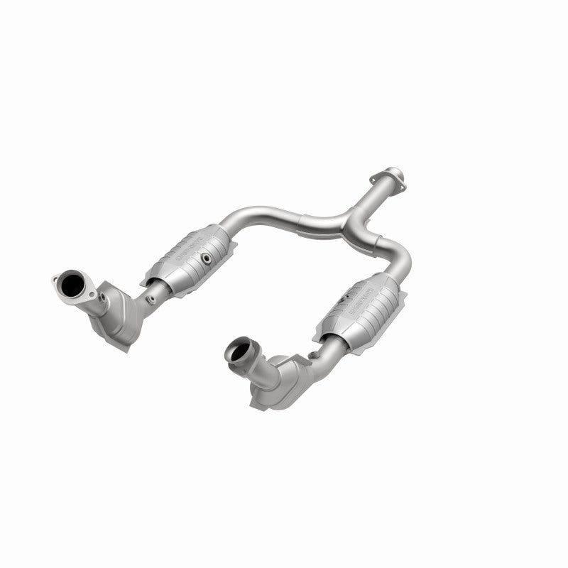 MagnaFlow 93345 hm grade direct-fit catalytic converter, opposite front three-quarter view of the turntable spin