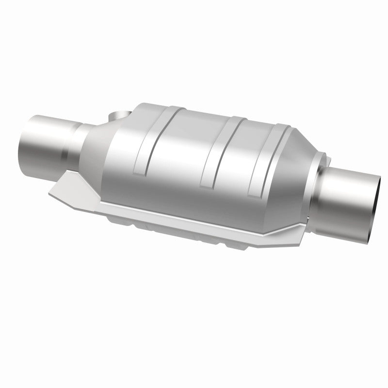 MagnaFlow 441335 universal catalytic converter, opposite rear three-quarter view of the turntable spin