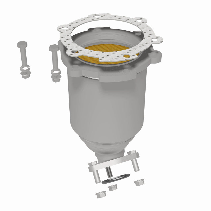 MagnaFlow 52652 oem grade direct-fit catalytic converter, rear three-quarter view of the turntable spin