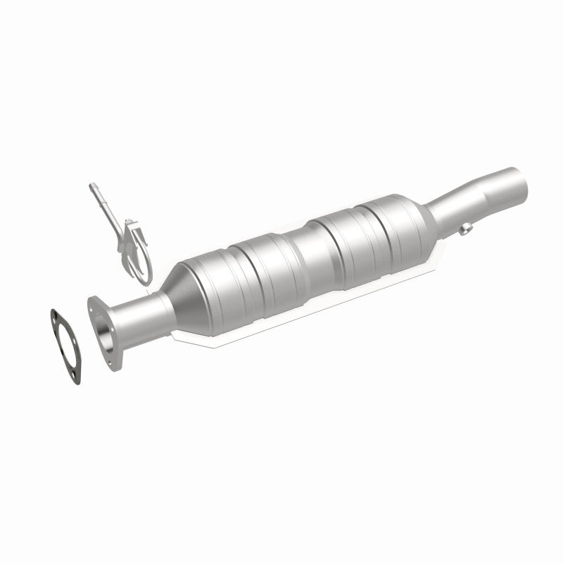 MagnaFlow 52228 oem grade direct-fit catalytic converter, front three-quarter view of the turntable spin