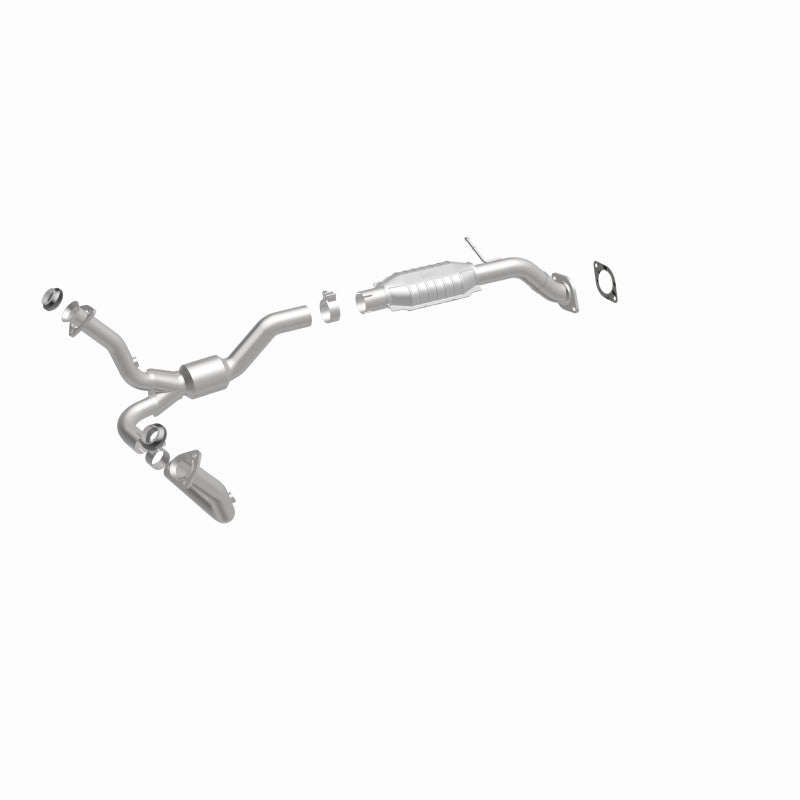 MagnaFlow 458010 carb direct-fit catalytic converter, front three-quarter view of the turntable spin
