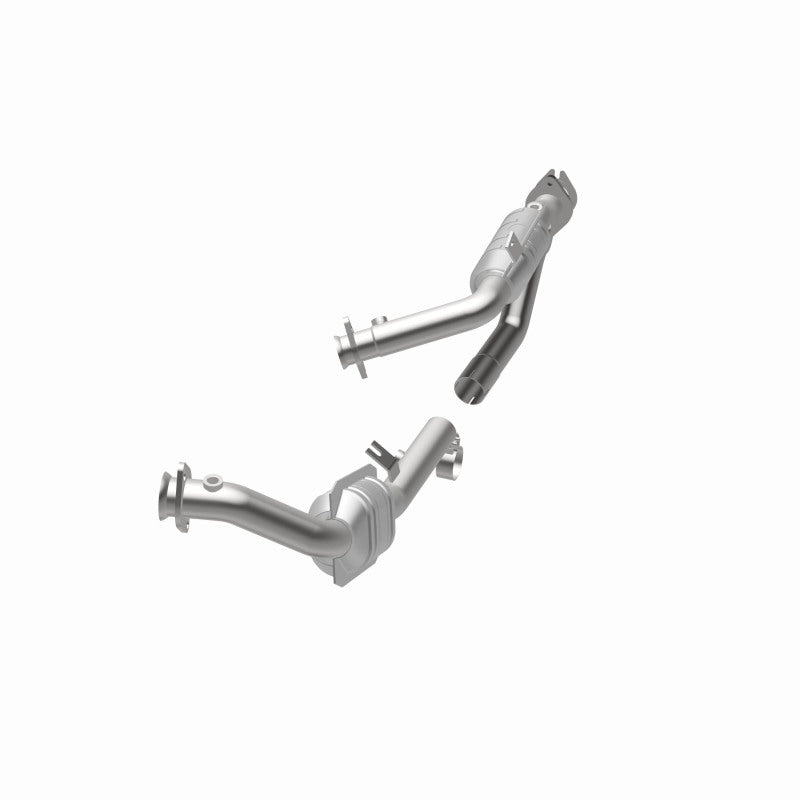 MagnaFlow 444034 carb direct-fit catalytic converter, opposite rear three-quarter view of the turntable spin