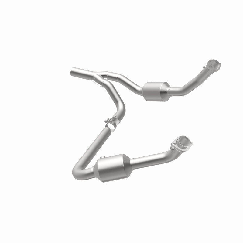 MagnaFlow 5551458 carb direct-fit catalytic converter, opposite rear three-quarter view of the turntable spin