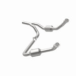 MagnaFlow 5551458 carb direct-fit catalytic converter, opposite rear three-quarter view of the turntable spin