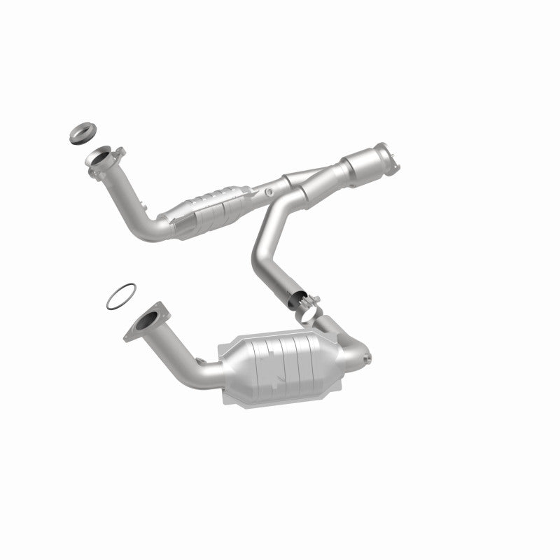 MagnaFlow 49650 oem grade direct-fit catalytic converter, front three-quarter view of the turntable spin
