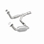 MagnaFlow 49650 oem grade direct-fit catalytic converter, front three-quarter view of the turntable spin